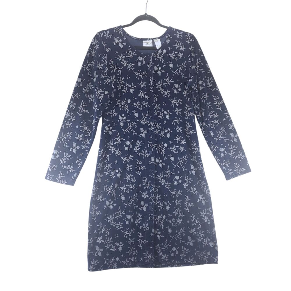 S L.L. Bean Velvet Button Front Dress Midi Knee Length Long Sleeve Velour Navy